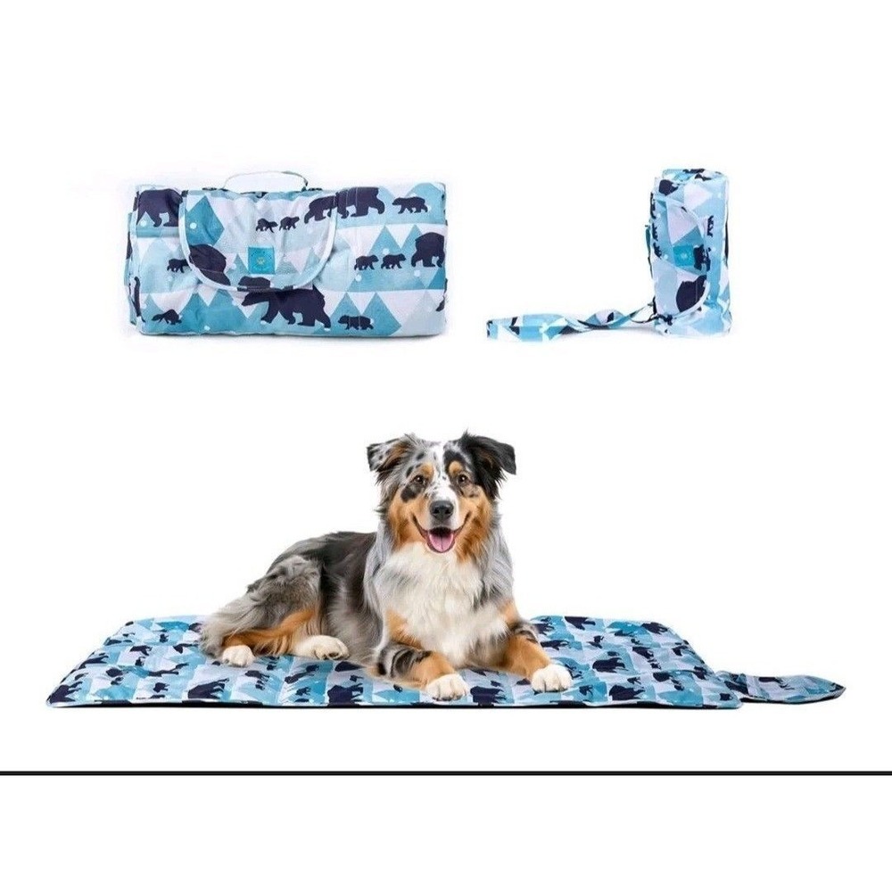 Portable Roll Up Outdoor Pet Mat Blue Bear Mountain Pattern Waterproof Dog Pad